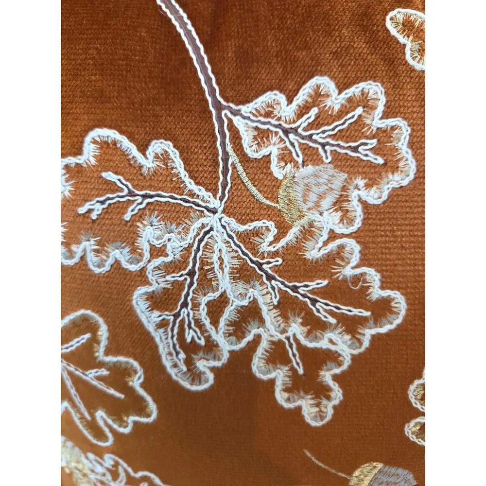 Evermaple Rust Velvet Fall Throw Pillow Embroidered Oak Leaves Acorn Pom Trim